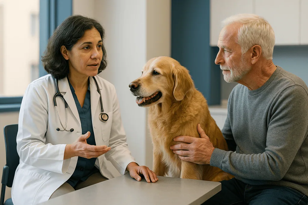 Veterinarian consulting senior man about golden retriever dog: Does rapamycin slow aging in dogs? The Dog Aging Project