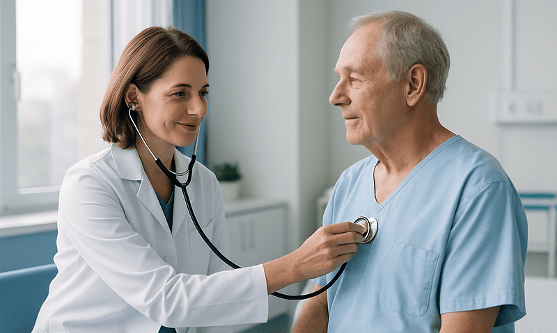 Doctor listening to senior patient's heart with stethoscope in clinic.
