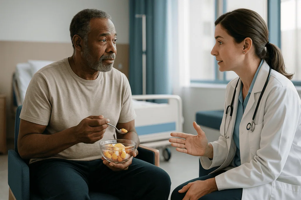 Doctor consulting patient eating fruit bowl: Does sarcoidosis go away without treatment, and what does watchful waiting invo