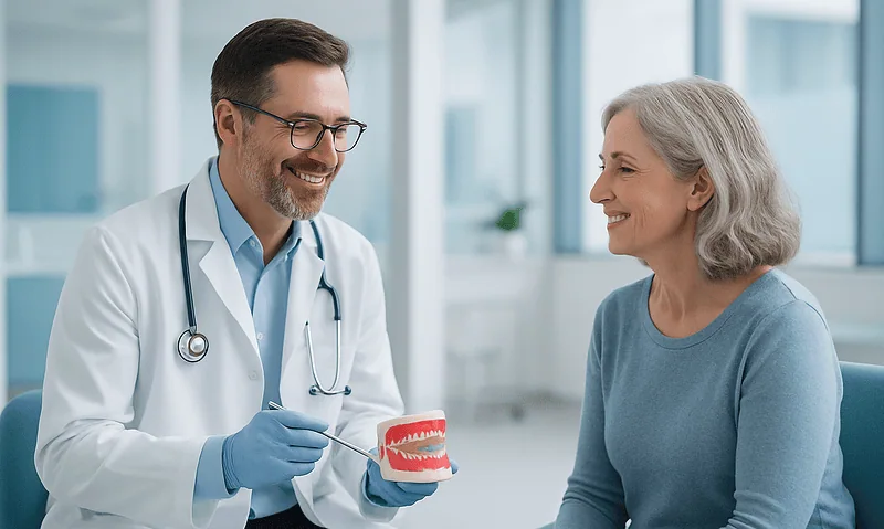 Dentist explaining dental care to an elderly woman with a model of teeth.
