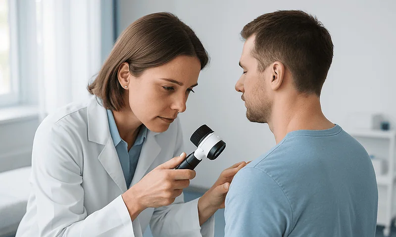 Dermatologist examining scalp with dermatoscope for hair loss assessment.
