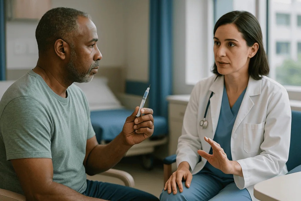 Doctor discussing medication with male patient in clinic: Does semaglutide react with anesthesia? The glp-1 anesthesia inter