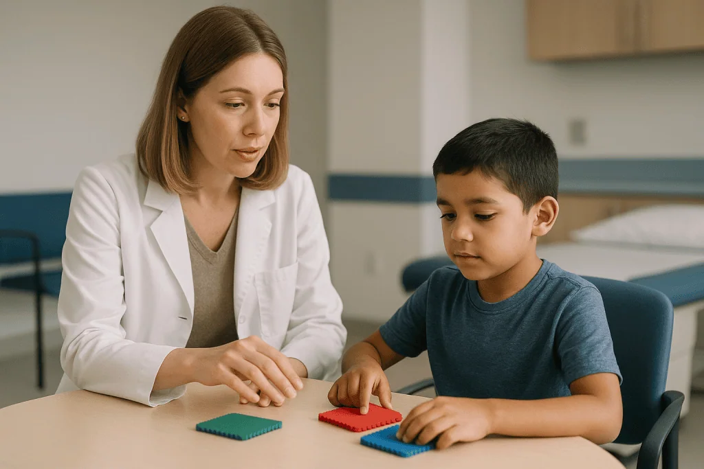 Adult therapist guiding child through sensory tactile activity: Does sensory integration therapy have good evidence? An hone