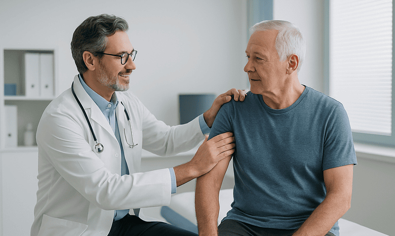 Doctor examining senior patient's shoulder in a medical consultation.