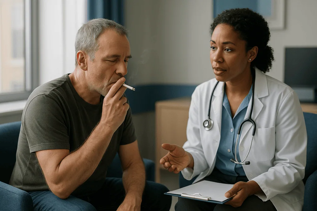 Doctor consulting male patient in clinical setting: Does smokers bronchitis go away on its own?