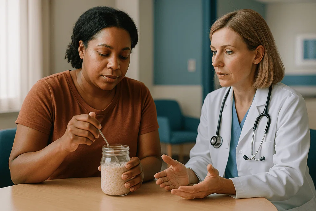 Doctor consulting patient about food in jar: Does soaking oats overnight change how your body handles them?