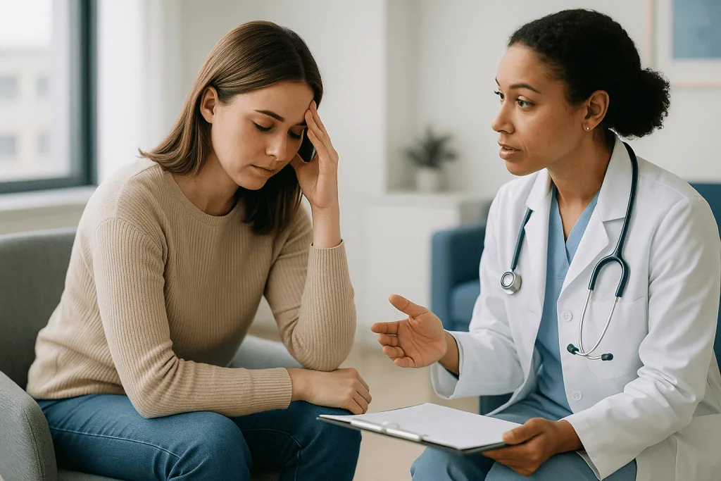 Female patient consulting with female doctor in office: Does stress cause infertility? What the evidence actually shows