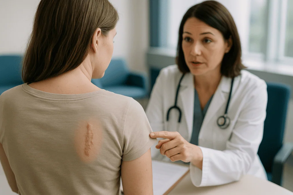 Doctor examining surgical scar on patient's shoulder: Does tattoo removal leave scars? Surgery versus everything else