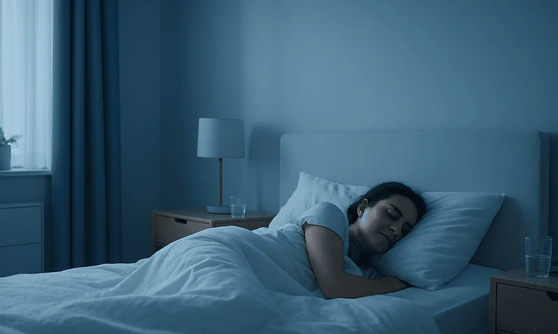 Woman sleeping peacefully in a modern bedroom with soft lighting.