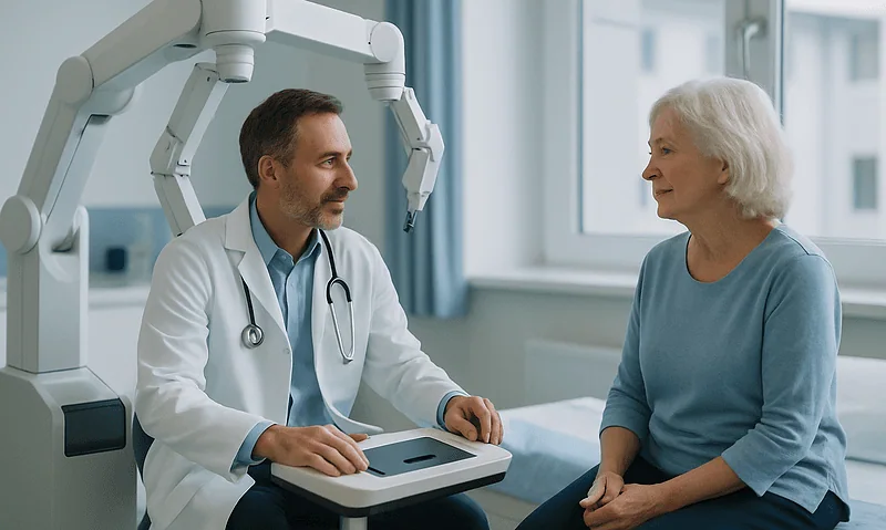 Doctor explains robotic knee replacement to elderly patient in clinic.