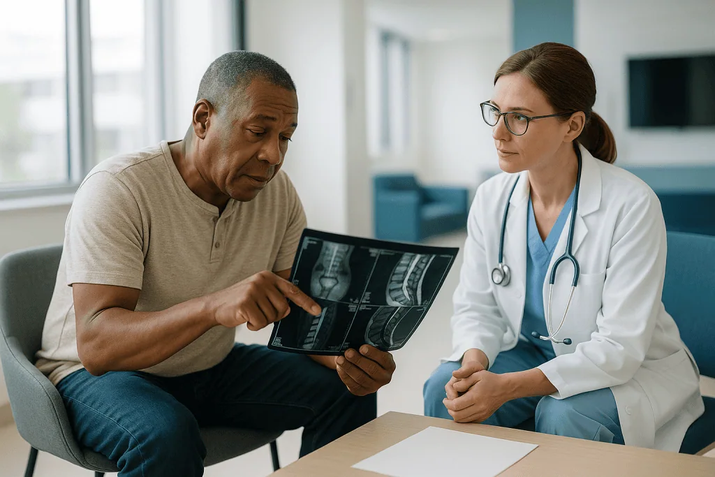 Doctor reviewing spinal X-rays with adult patient: Does the scan match the story? Matching imaging to symptoms