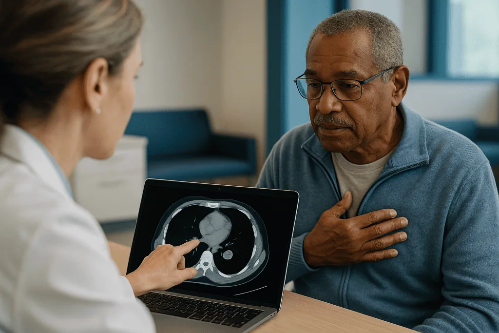 Doctor reviewing chest CT scan with senior patient: Does the tumor's size and position change whether SBRT is an option?