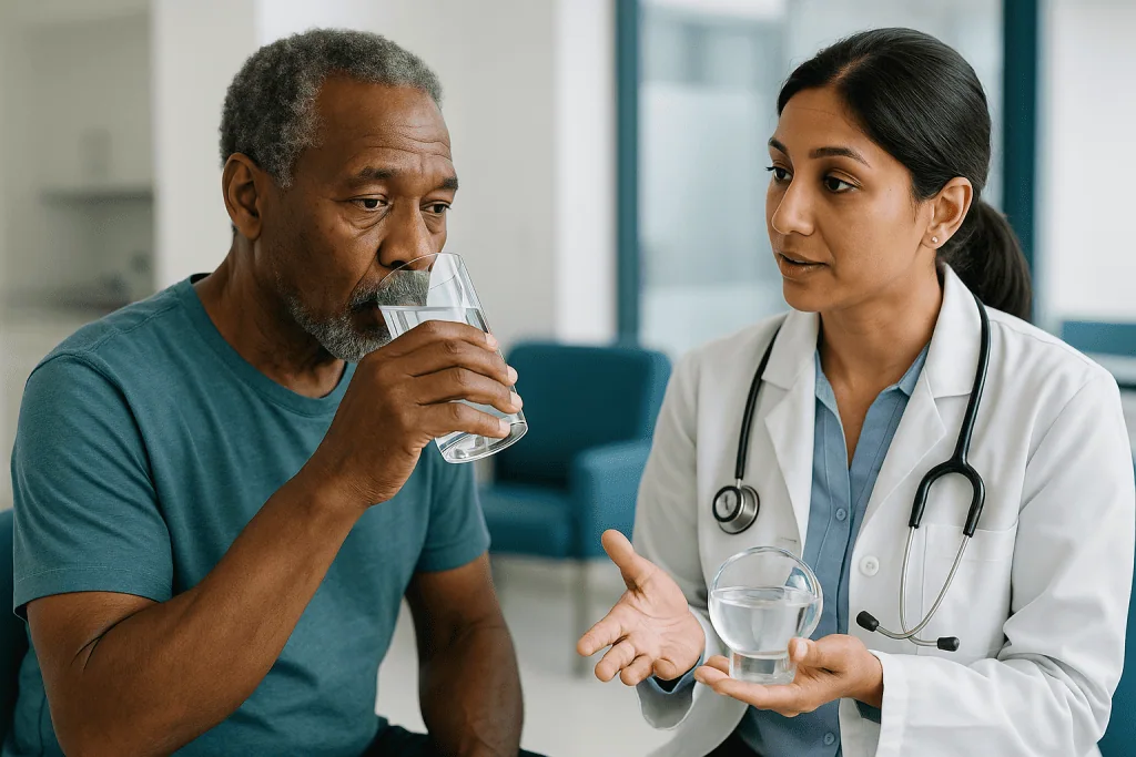 Doctor consulting patient about hydration or general health: Does the vitreous grow back after vitrectomy? What fills the sp