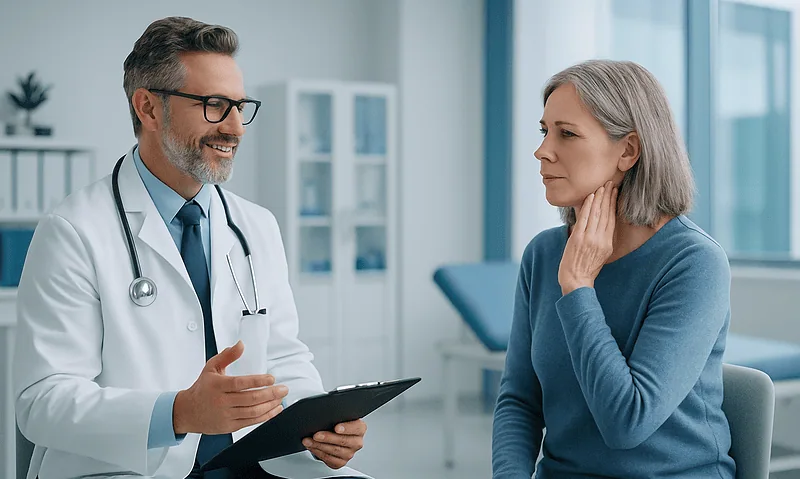 Doctor consulting with a middle-aged woman about TMJ treatment options.