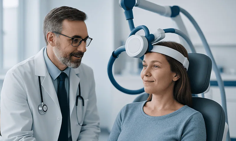 Patient undergoing transcranial magnetic stimulation at Acibadem Hospital.