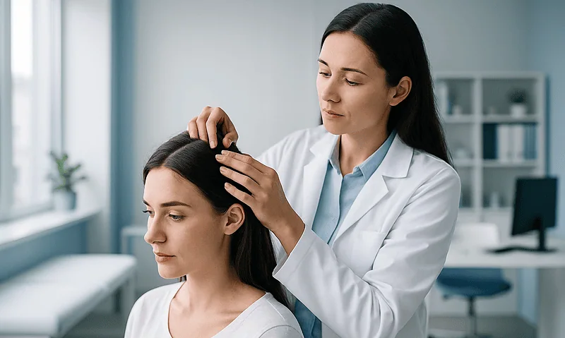 Doctor examining woman's scalp for hair transplant evaluation.