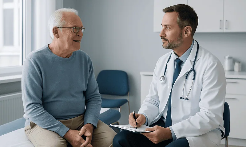 Urologist consulting with elderly male patient in a medical office.