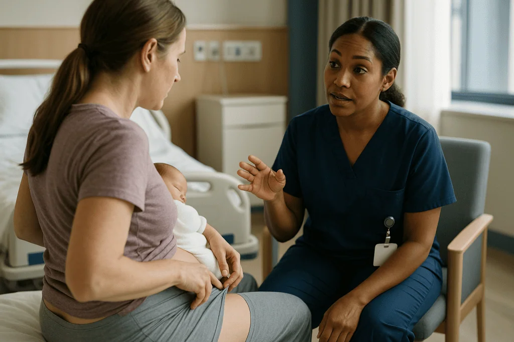 Healthcare provider discussing postpartum care with new mother: Does water birth recovery differ from a land birth?