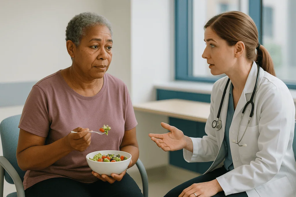 Doctor consulting patient about healthy salad diet: Does xanthelasma always mean high cholesterol? The normal-cholesterol pu