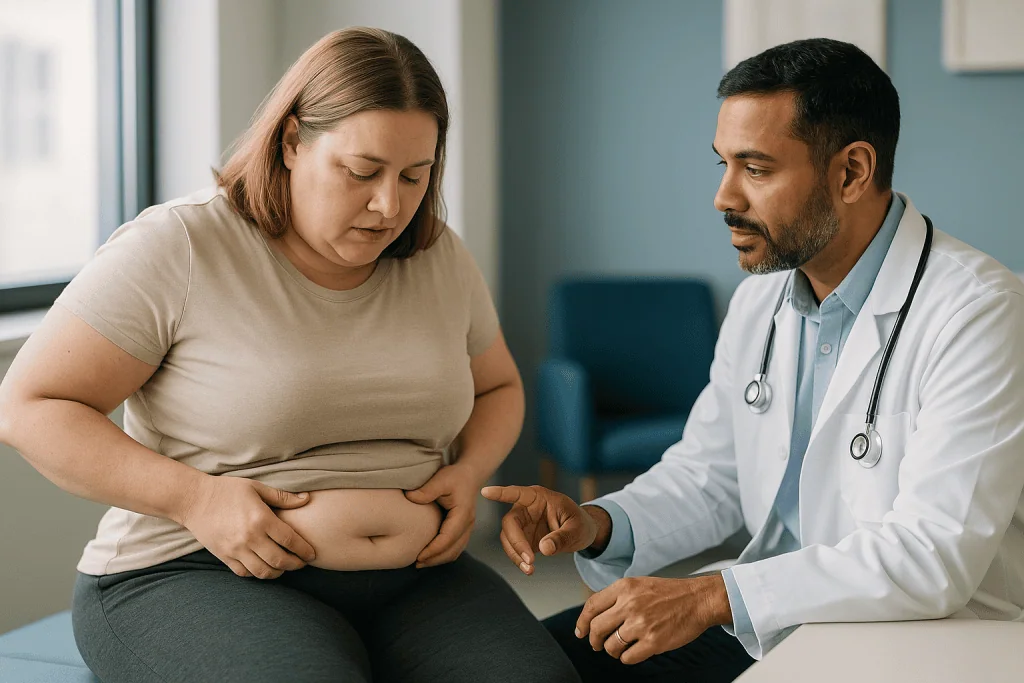 Doctor consulting with patient about abdominal fat concerns: Does your weight rule you in or out? BMI, stability and stubbor