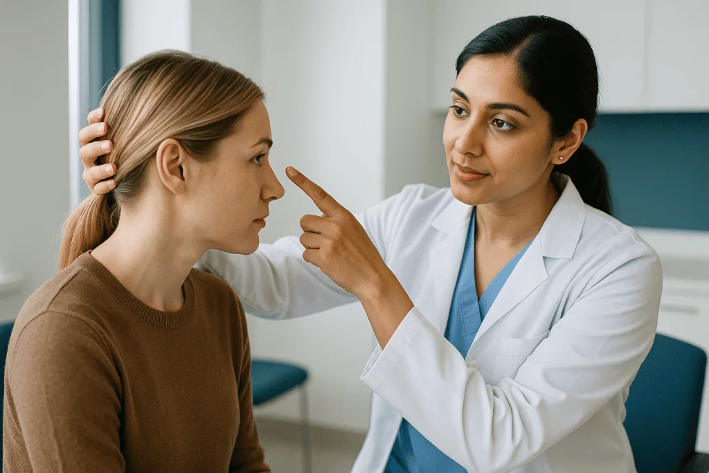 Doctor examining patient's face during consultation: Donor hair choice: where the hair comes from and why it matters
