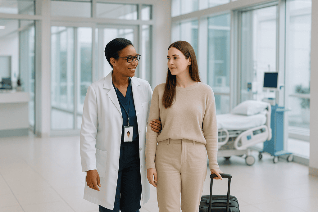 Donor Testing for Transplant Treatment in Turkey: Travel Checklist 1 Doctor and patient in hospital corridor with luggage for transplant testing.