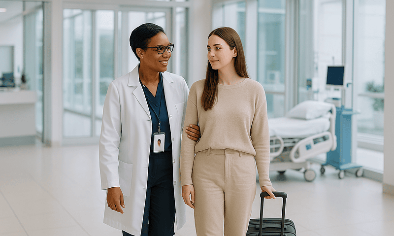 Doctor and patient in hospital corridor with luggage for transplant testing.