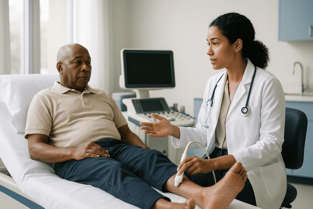 Doctor performing vascular ultrasound examination on patient: Doppler ultrasound for PAD: what actually happens in the room