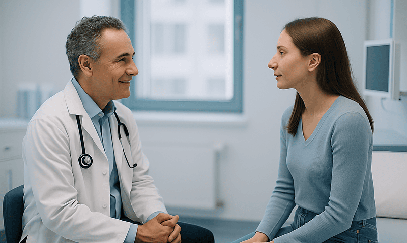 Doctor consulting with a young woman in a medical office.