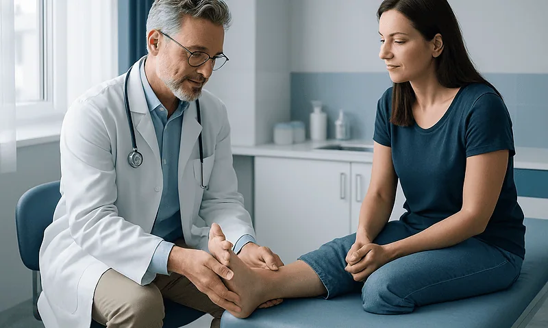 Doctor examining a patient's foot in a medical consultation room.
