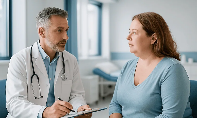 Doctor consulting with a female patient in a medical office.