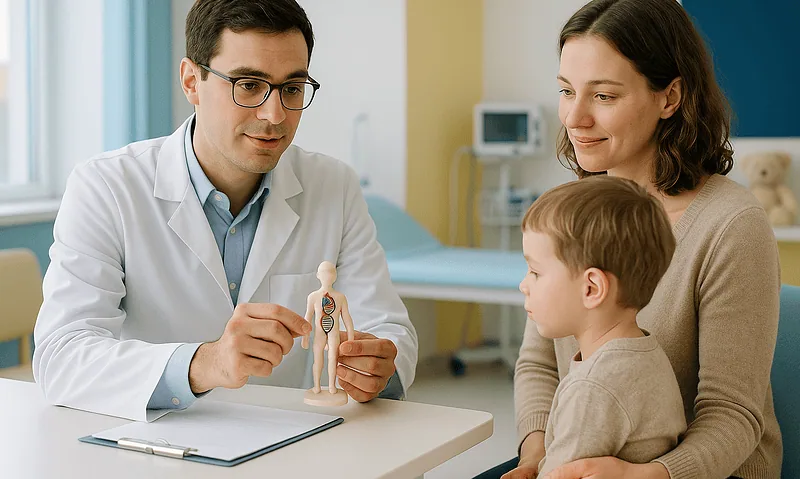 Doctor explaining health information to a mother and her child in a hospital setting.