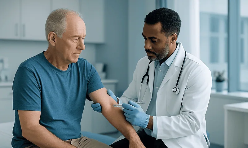 Draining a Bursa (Aspiration): How the Procedure Is Done and What the Fluid Tells Your Doctor 4 Doctor performing a bursa aspiration on an elderly male patient in a clinical setting.