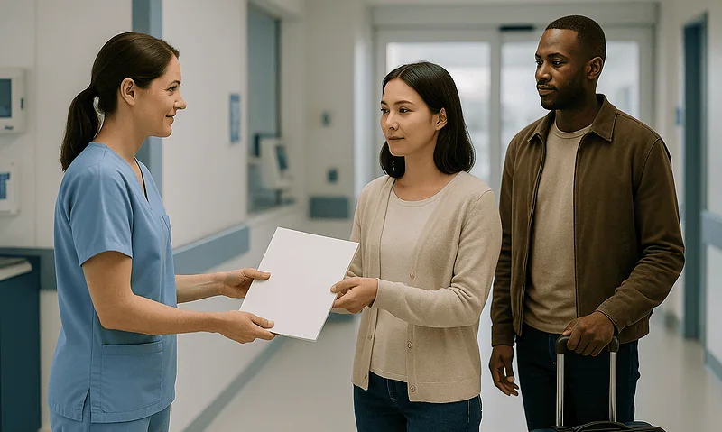 Patient receiving discharge instructions from nurse at Acibadem Hospital in Turkey.