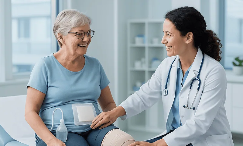 Doctor examining a patient's leg in a hospital room.