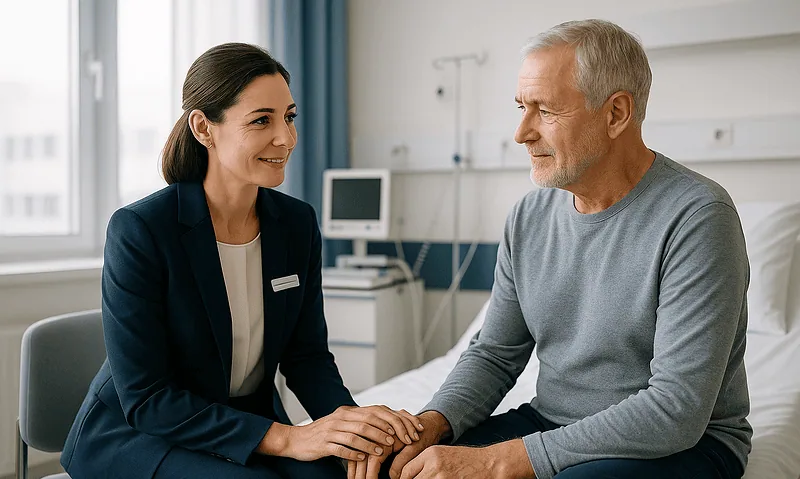 Doctor comforting a patient in a hospital room during recovery.