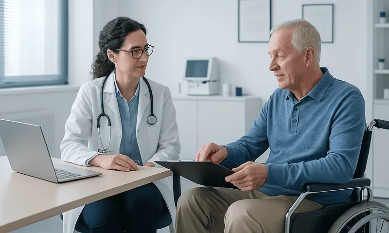 Doctor consulting elderly patient in a hospital setting.