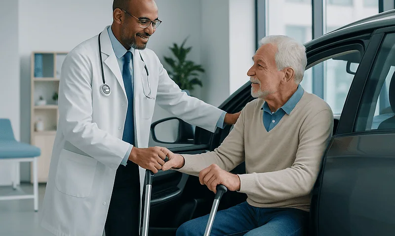 Driving After Knee or Hip Replacement: The Honest Timelines 4 Doctor shaking hands with elderly patient after knee or hip replacement consultation.