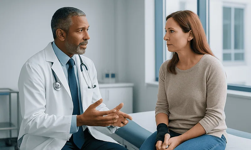 Doctor consulting with a female patient in a medical office.