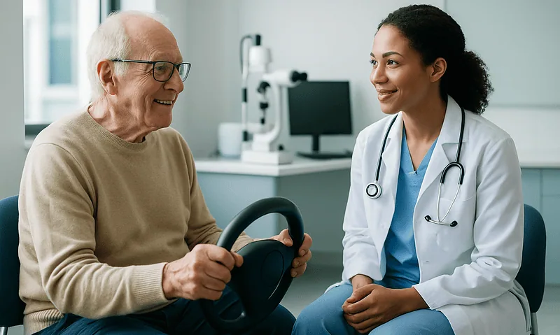 Elderly man with glaucoma test and healthcare professional in clinic.