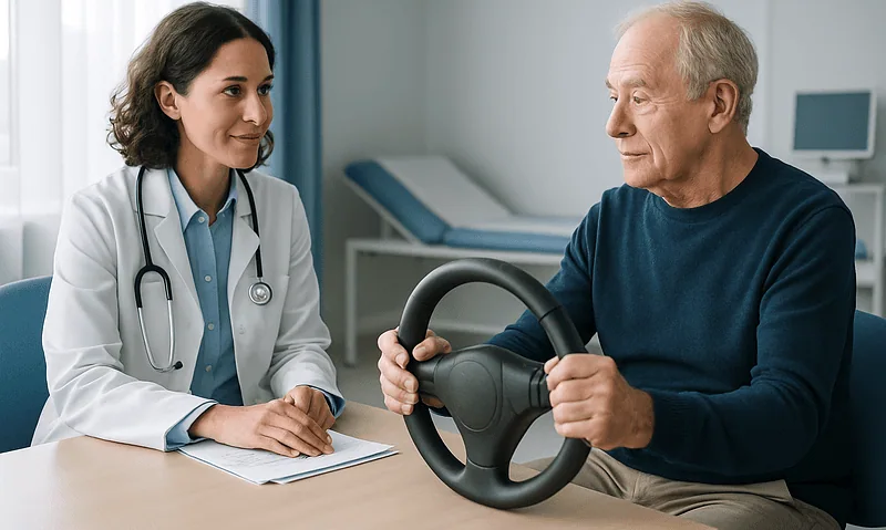 Doctor consulting elderly patient about driving safety and health.