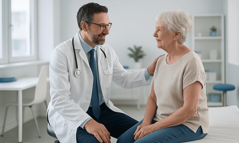 Doctor consulting with an elderly female patient in a medical office.