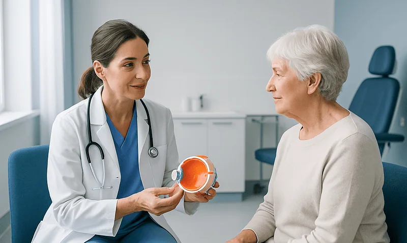 Optometrist explaining eye health to elderly patient with eye model.