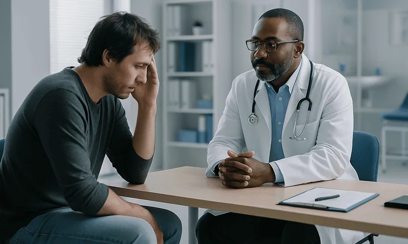 Doctor counseling a patient about drug addiction treatment options.