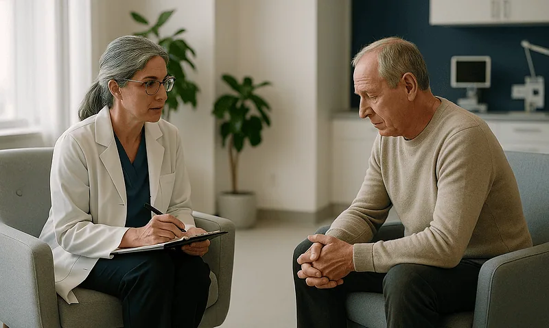 Doctor consulting with an elderly male patient in a medical office.