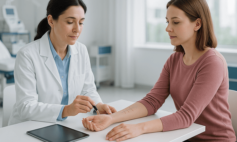 Doctor examining patient's arm for allergy testing at Acibadem Hospital.