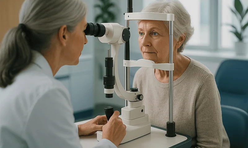 Ophthalmologist examining elderly woman's eyes for dry eye disease.