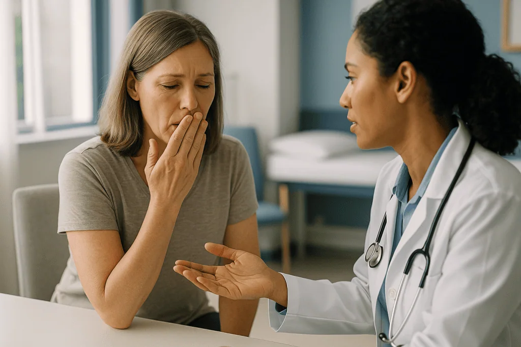 Doctor consulting patient about oral health concern: Dry mouth bad breath: why less saliva means more odor