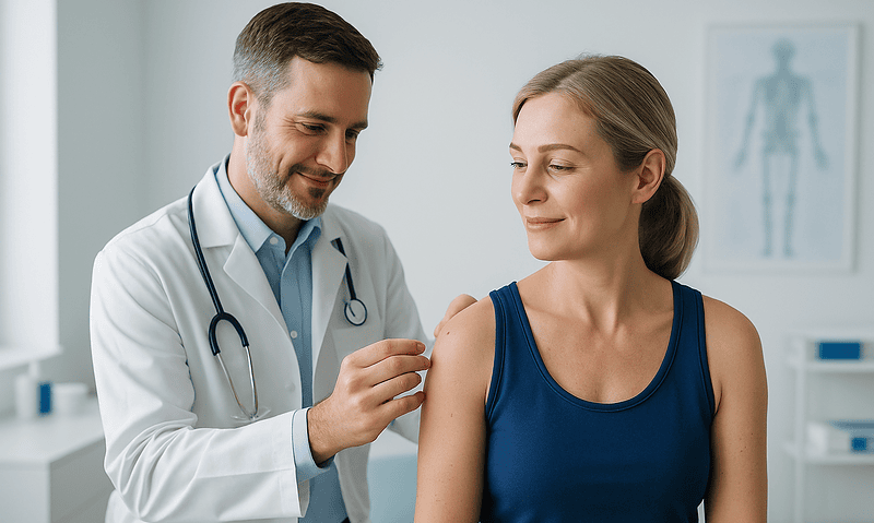 Doctor administering a vaccine to a woman in a clinical setting.