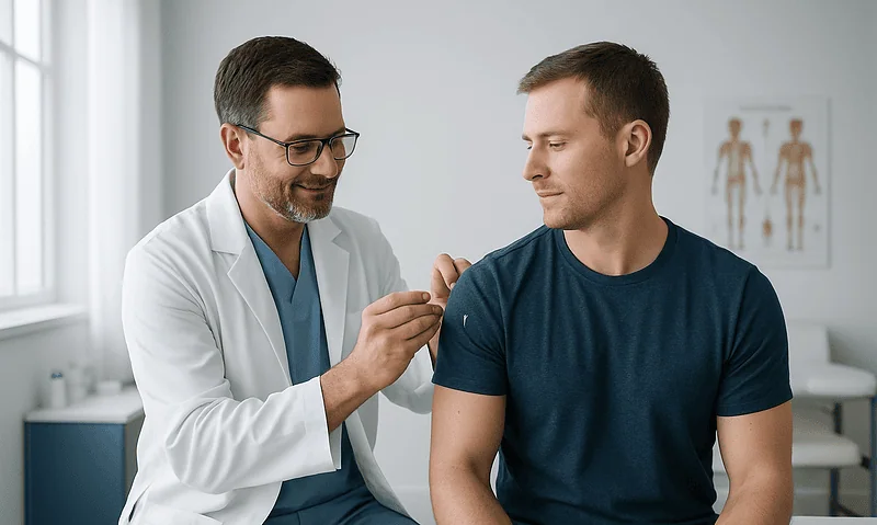 Doctor administering dry needling to a patient in a clinical setting.